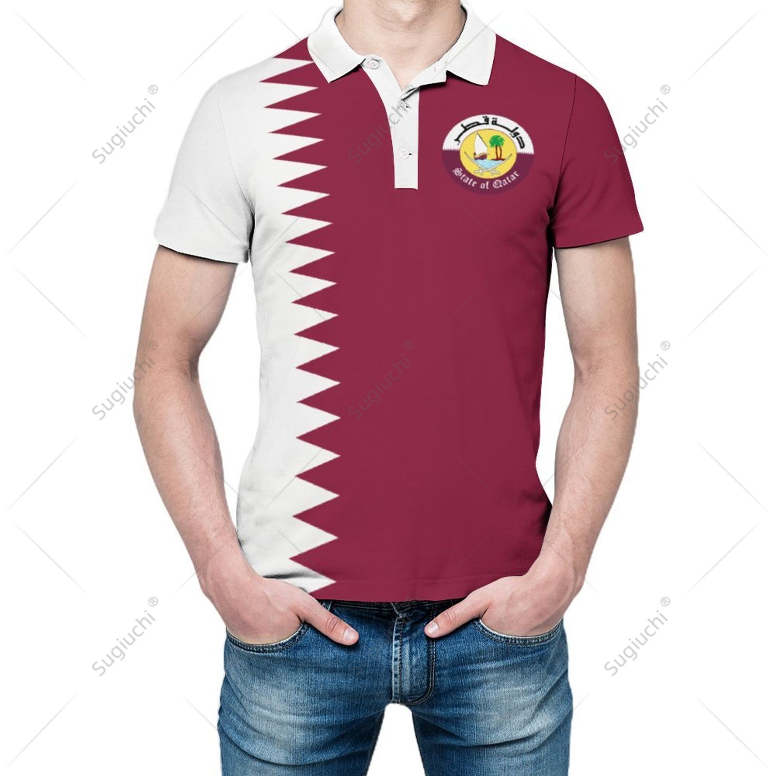 3D Printing Qatar - Koszulka polo unisex z flagą Kataru,